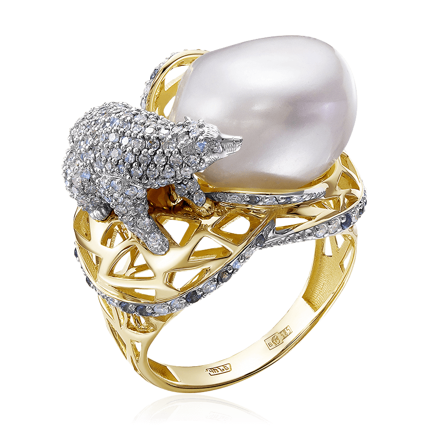 Кольцо Белый медведь с сапфиром, жемчугом, бриллиантами из желтого золота 585 пробы (арт. 85525)