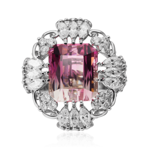 Кольцо с турмалином, бриллиантами из белого золота 750 пробы, фото № 2