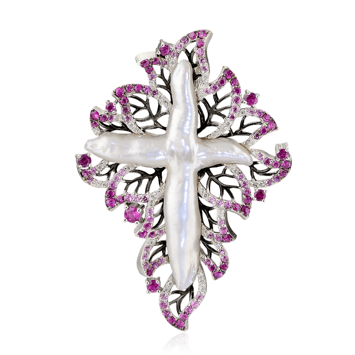 Декоративный крест с морской барочной жемчужиной, розовыми сапфирами и бриллиантами в белом золоте 750 пробы (арт. 40292)