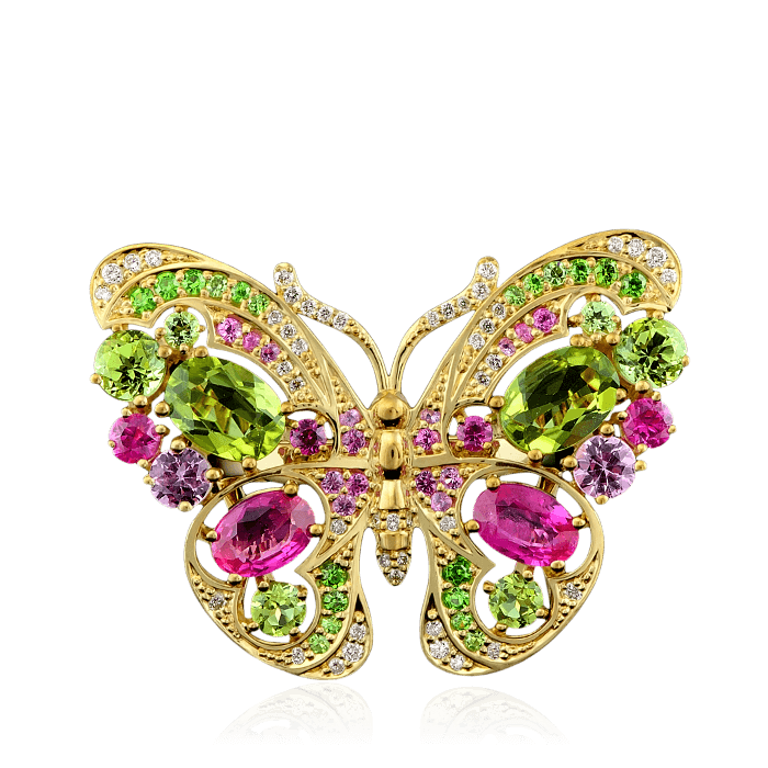 Кольцо Бабочка с цветными камнями и бриллиантами в желтом золоте 750 пробы, фото № 2