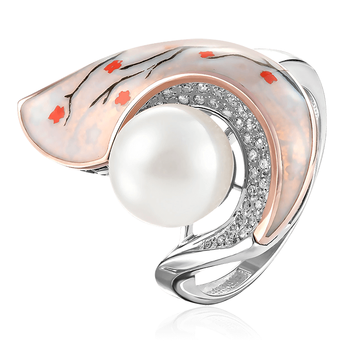 Кольцо с жемчугом, финифтью, бриллиантами из белого золота 585 пробы, фото № 1
