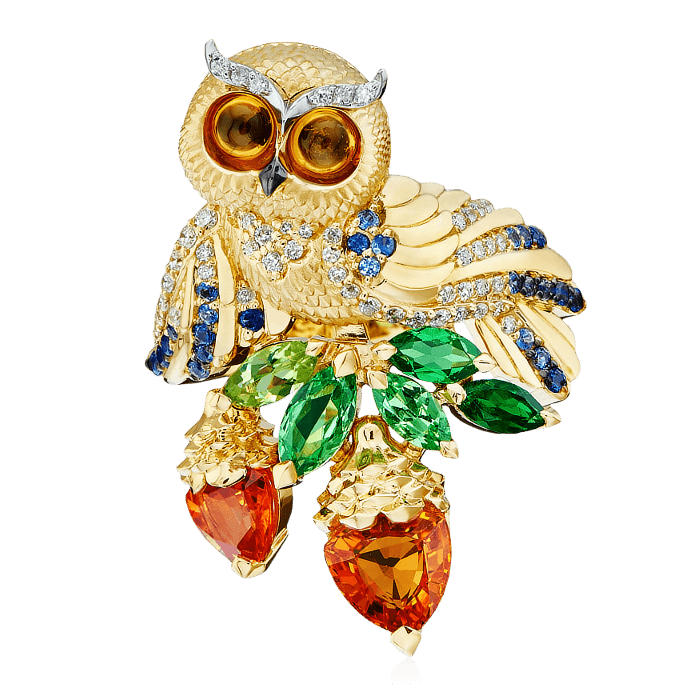 Кольцо сова с сапфиром, бриллиантами, хризолитом, цитрином, турмалином, тсаворитом, сапфиром фантазийным из желтого золота 750 пробы (арт. 43775)