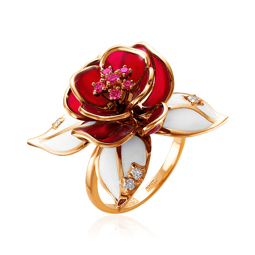 Кольцо с рубином, бриллиантами, эмалью из желтого золота 585 пробы, фото № 1