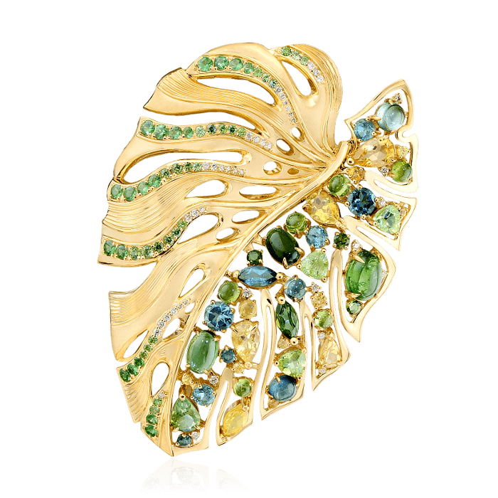Подвеска-брошь в виде листа с цветными камнями и бриллиантами в желтом золоте 750 пробы (арт. 40284)