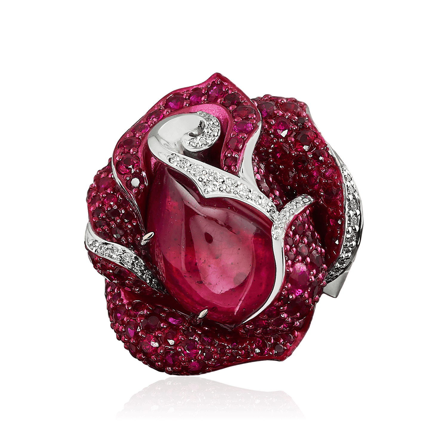 Кольцо Роза с рубинами, бриллиантами из белого золота 750 пробы, фото № 2