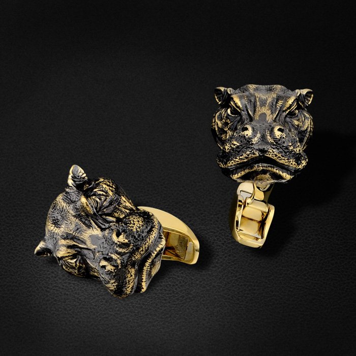 Запонки бегемоты с ониксом, бриллиантами из желтого золота 750 пробы, фото № 2