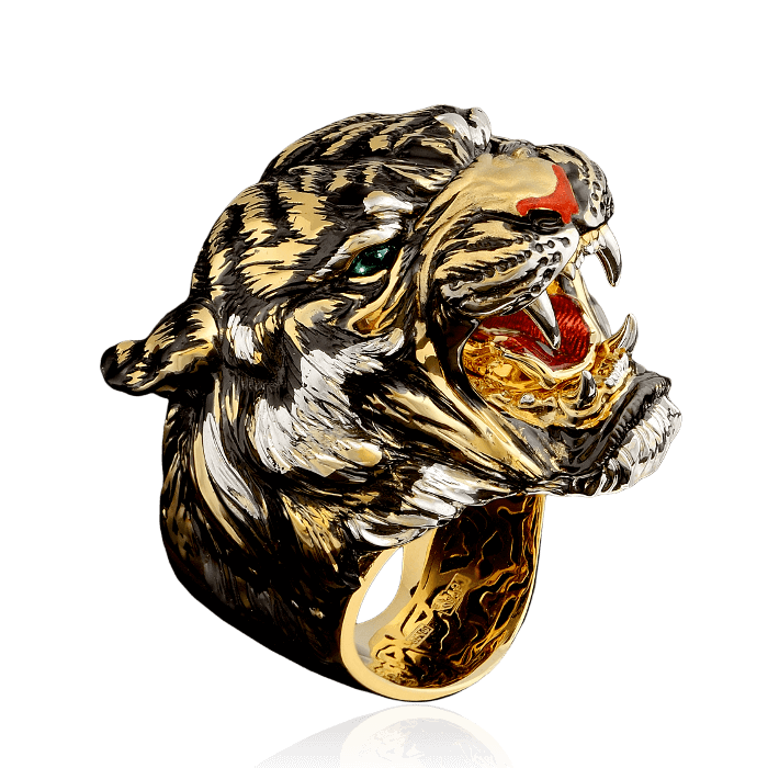 Мужское кольцо тигр с турмалином, эмалью из желтого золота 750 пробы, фото № 1