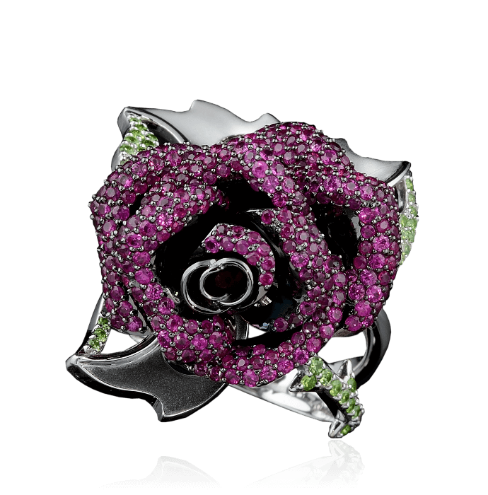 Кольцо Роза с рубинами, демантоидами из белого золота 585 пробы, фото № 2
