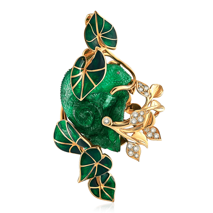 Кулон Зеленая игуана с изумрудом, бриллиантами в желтом золоте 750 пробы, фото № 1