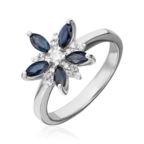 Кольцо в виде цветка с сапфиром, бриллиантами из белого золота 585 пробы, фото № 1