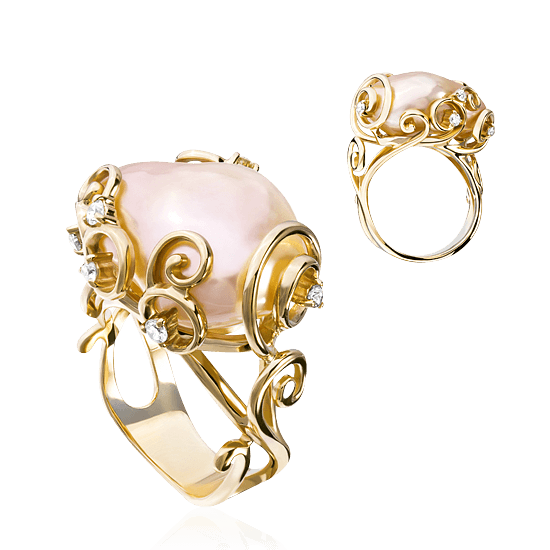 Кольцо с жемчугом, бриллиантами из красного золота 585 пробы, фото № 1