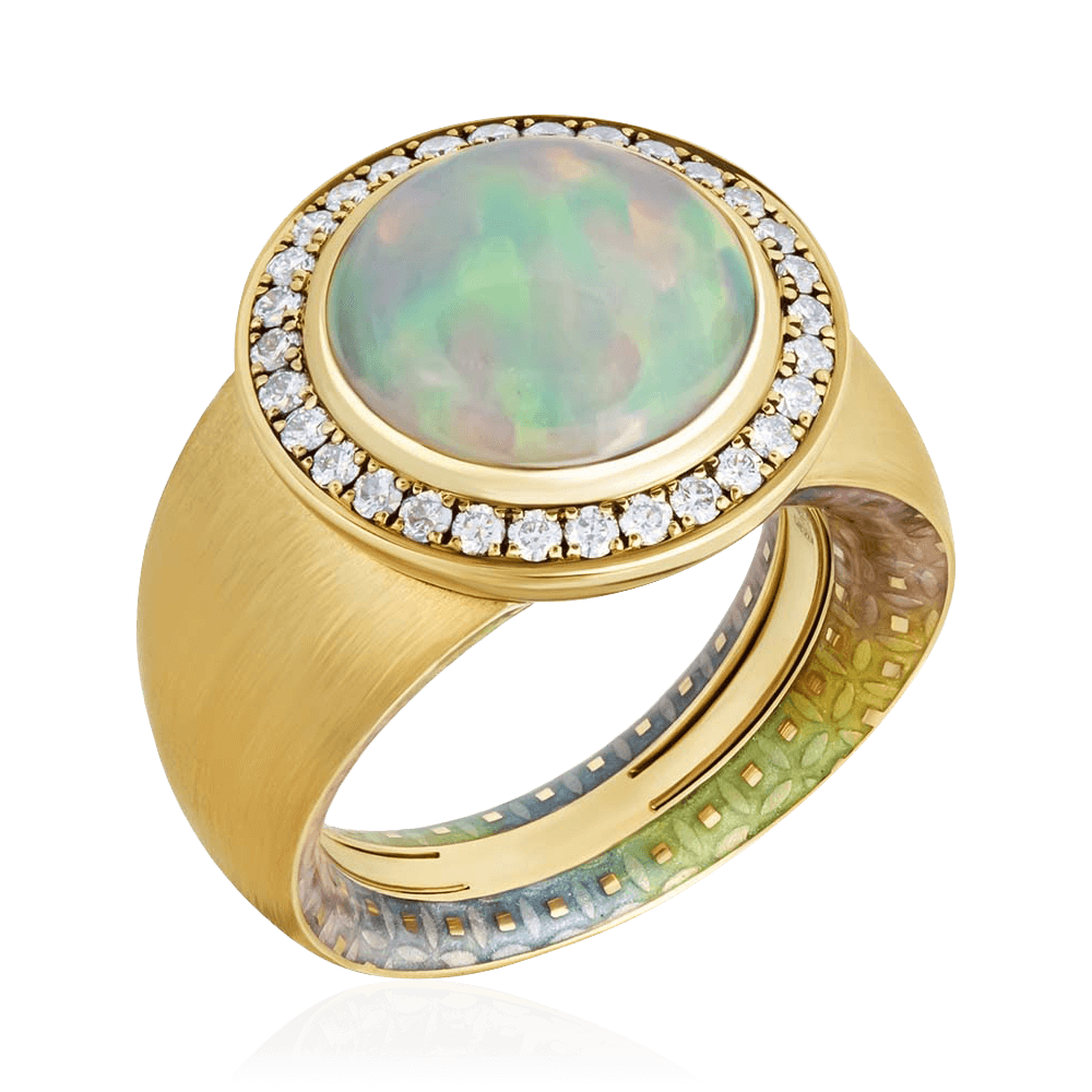 Кольцо с опалом, эмалью, бриллиантами из желтого золота 750 пробы, фото № 1