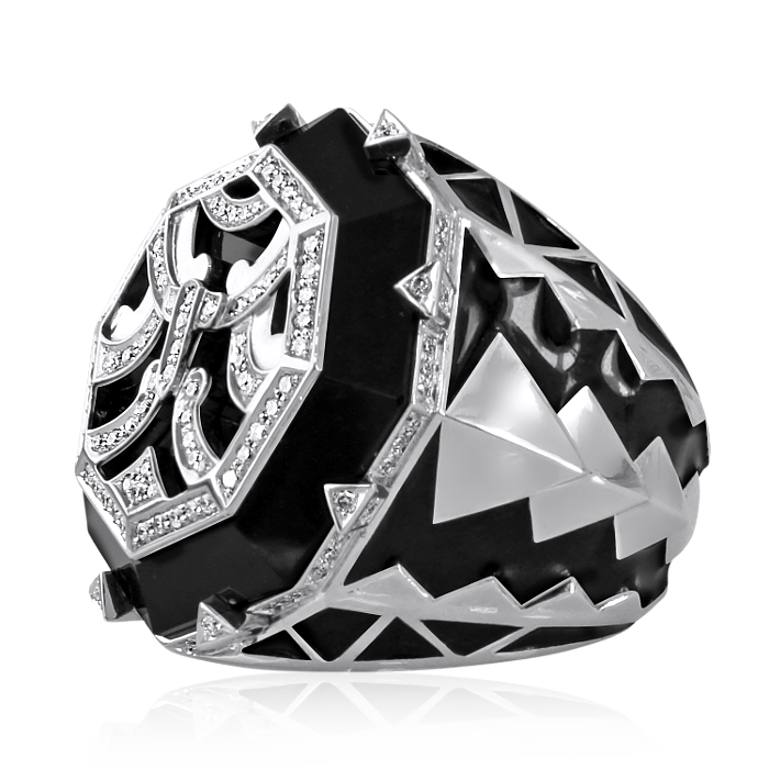 Мужское кольцо Маори с ониксом и бриллиантами из палладия, фото № 2