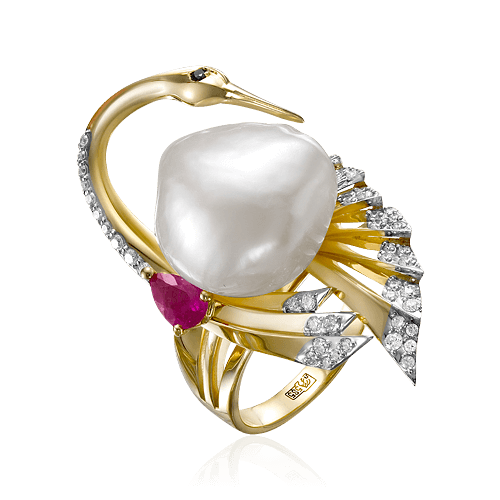 Кольцо Лебедь с рубином, бриллиантами, жемчугом из желтого золота 585 пробы, фото № 1