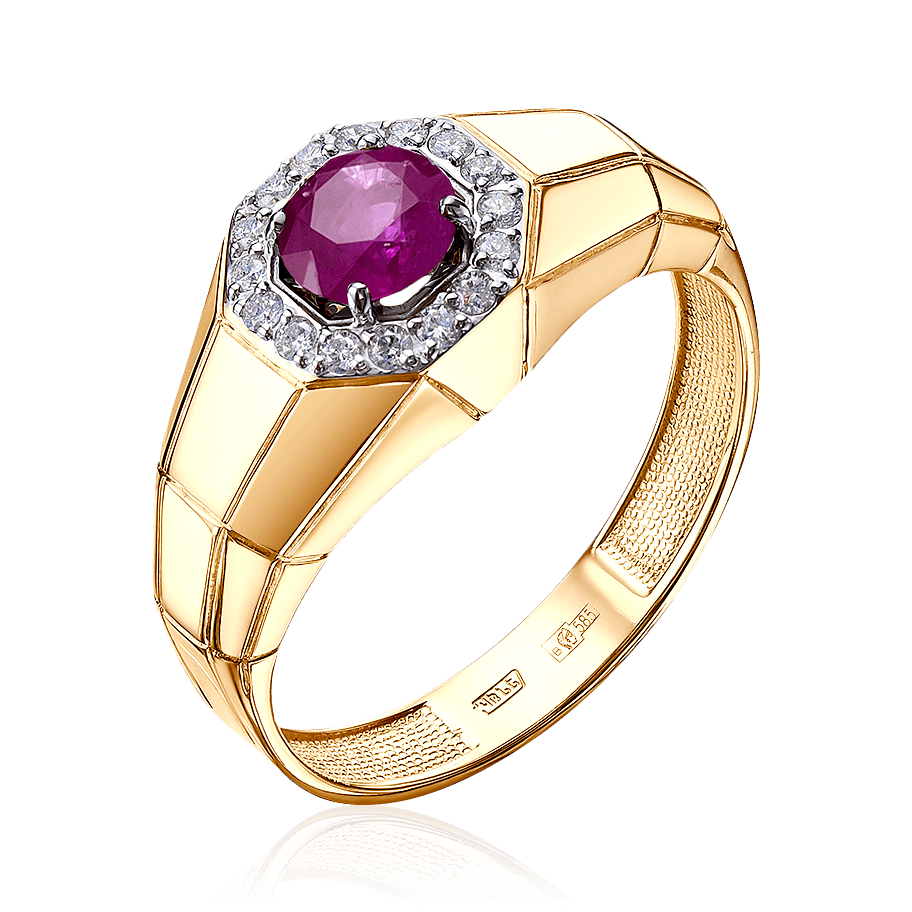 Мужское кольцо с рубином, бриллиантами из красного золота 585 пробы (арт. 91324)