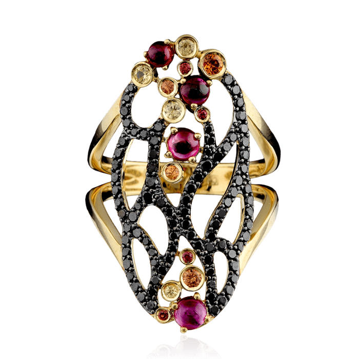 Кольцо с рубинами, бриллиантами и цветными сапфирами в желтом золоте 750 пробы, фото № 2