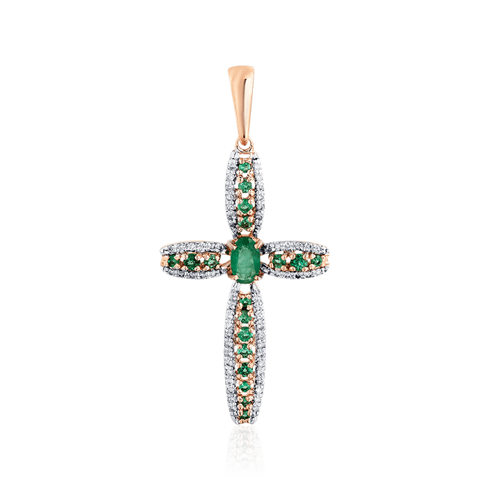 Крест с бриллиантами, изумрудом из красного золота 585 пробы (арт. 64485)