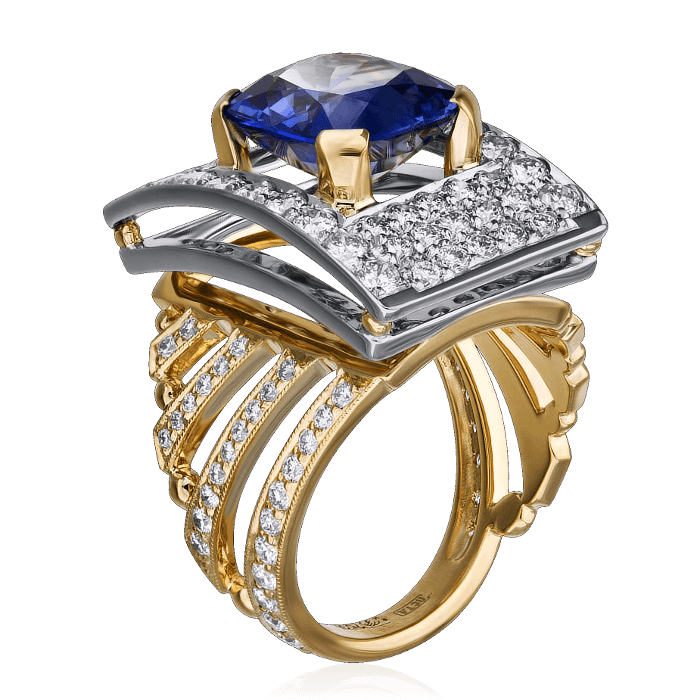 Кольцо с сапфиром, бриллиантами из комбинированного золота 750 пробы, фото № 2