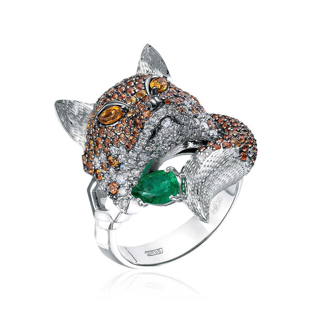 Кольцо Лиса с оранжевыми сапфирами, бриллиантами, изумрудом из белого золота 585 пробы, фото № 1