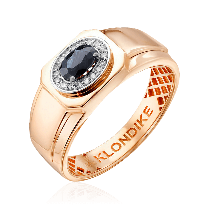 Мужское кольцо с сапфиром, бриллиантами из красного золота 585 пробы (арт. 92613)