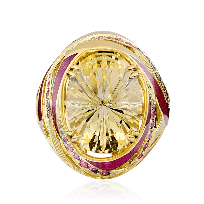 Кольцо с цитрином, бриллиантами, эмалью, цветными сапфирами из желтого золота 750 пробы, фото № 2