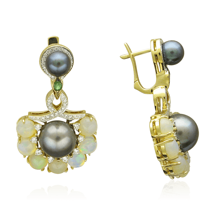 Серьги с жемчугом, бриллиантами, тсаворитом, опалом из желтого золота 585 пробы (арт. 80353)