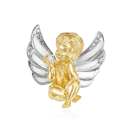 Кулон Ангел с бриллиантами, эмалью из комбинированного золота 585 пробы, фото № 1