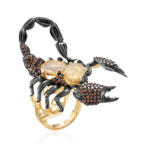 Кольцо Скорпион с опалом, бриллиантами из желтого золота 585 пробы, фото № 1