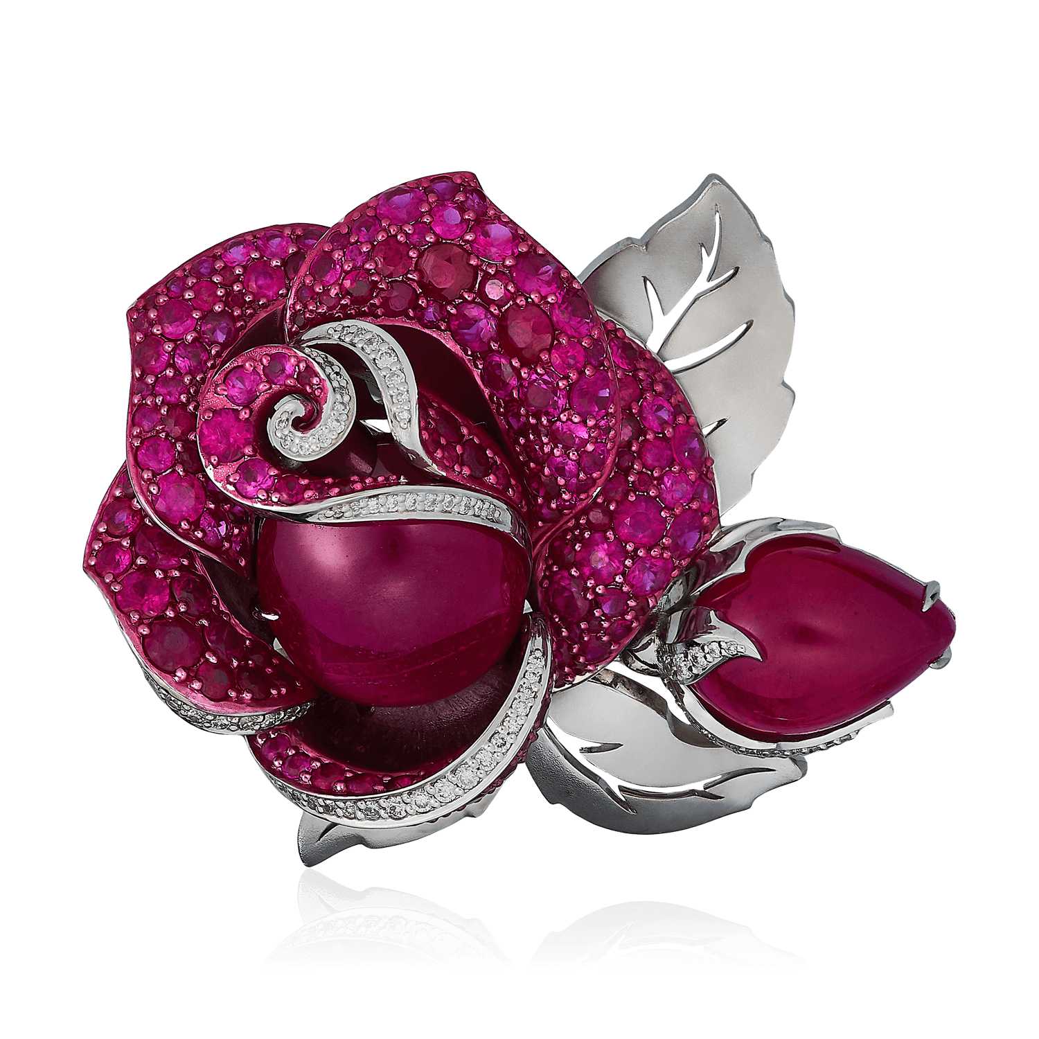 Брошь Роза с рубинами, бриллиантами из белого золота 750 пробы, фото № 1