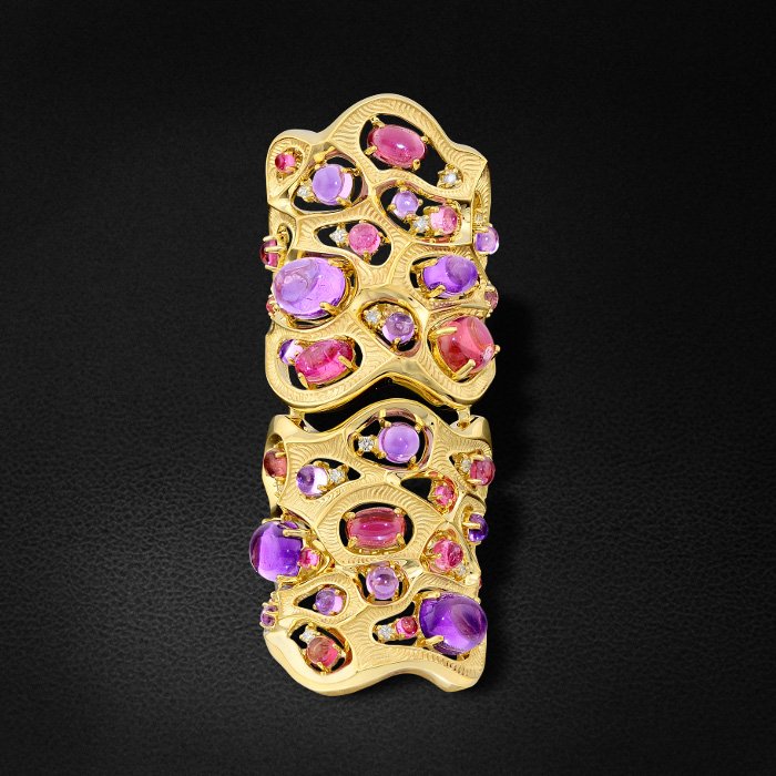 Бандажное кольцо (на весь палец) с бриллиантами, аметистами и турмалинами в желтом золоте 750 пробы, фото № 3