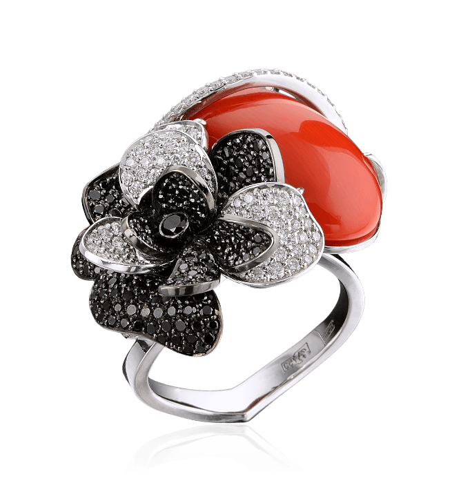 Кольцо цветок с кораллом и бриллиантами в белом золоте 750 пробы, фото № 1