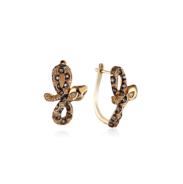 Серьги Змеи с бриллиантами, сапфиром фантазийным из желтого золота 585 пробы (арт. 40601)