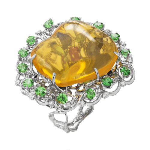 Кольцо с опалом, рубином, сапфиром, бриллиантами, тсаворитом из белого золота 750 пробы (арт. 64528)