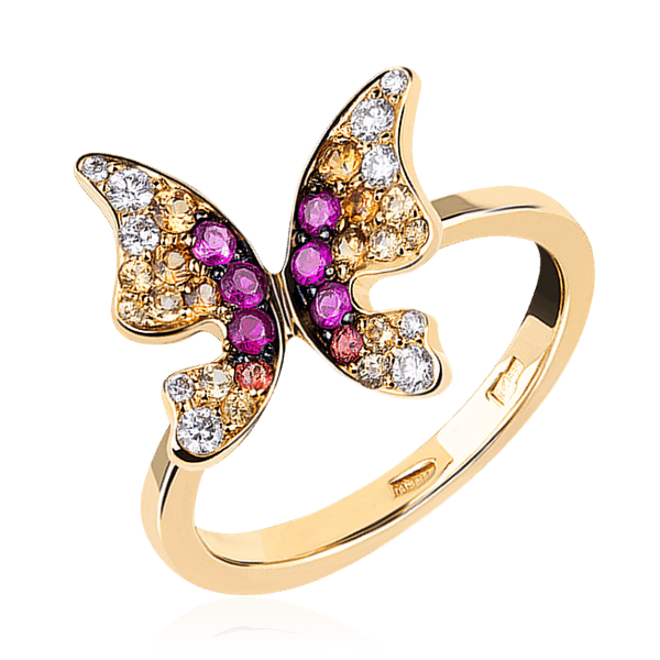 Кольцо бабочка с рубином, сапфиром, бриллиантами из желтого золота 585 пробы (арт. 44578)