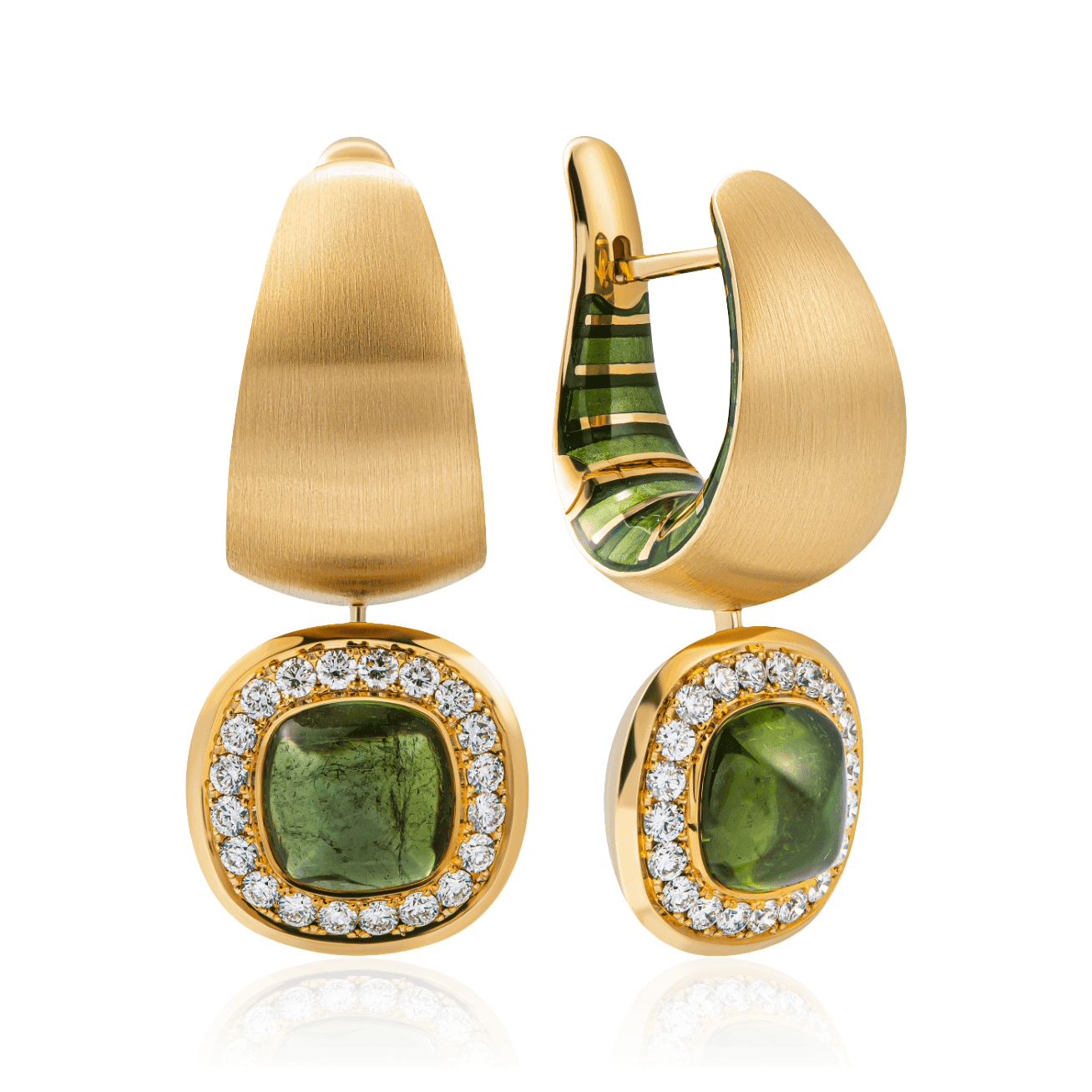 Серьги с турмалином, бриллиантами, эмалью из желтого золота 750 пробы (арт. 102179)
