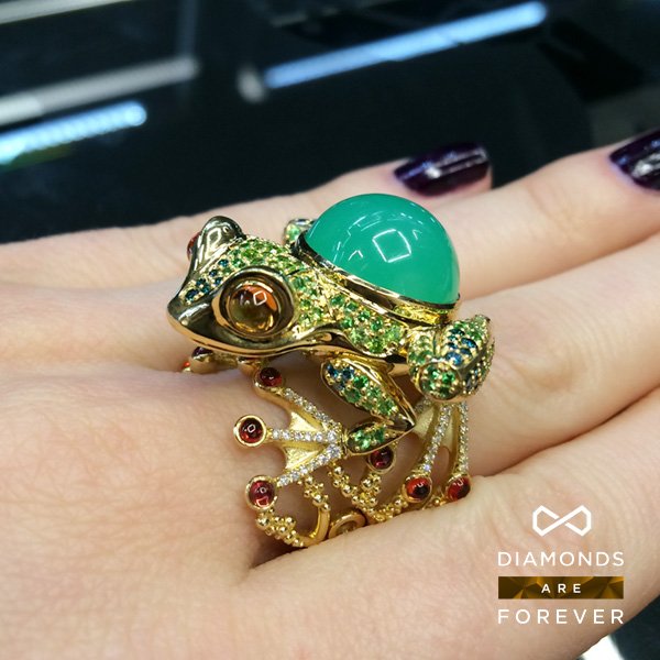 Кольцо Лягушка с цветными камнями и бриллиантами в желтом золоте 750 пробы, фото № 3