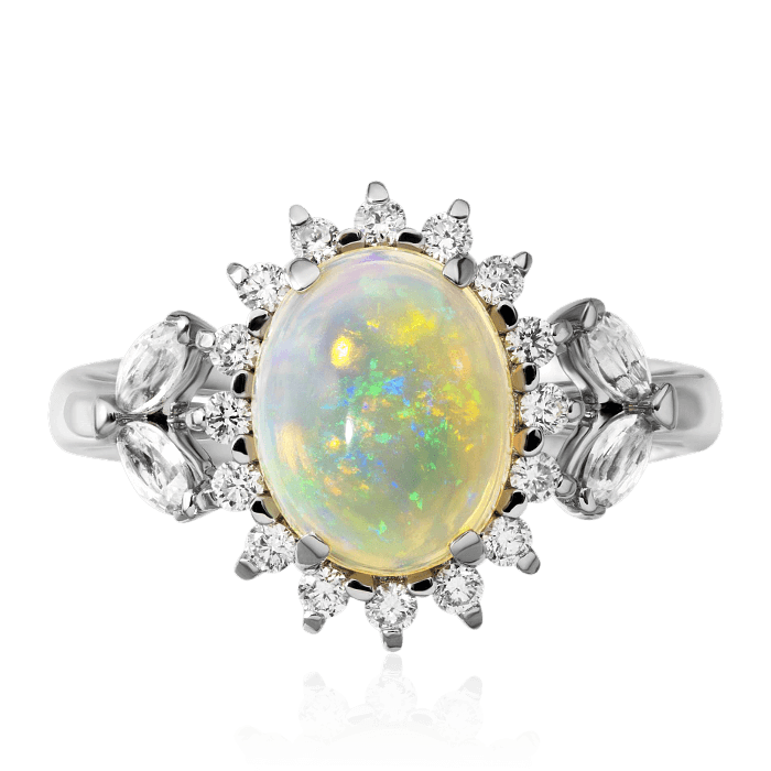 Кольцо с опалом, белыми сапфирами, бриллиантами из белого золота 750 пробы, фото № 2