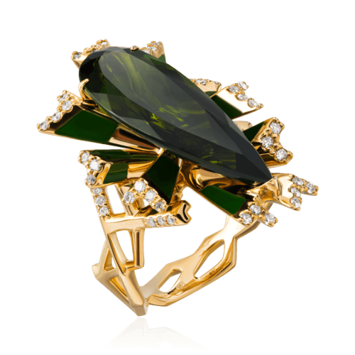 Кольцо с бриллиантами, эмалью, турмалином из желтого золота 750 пробы, фото № 1