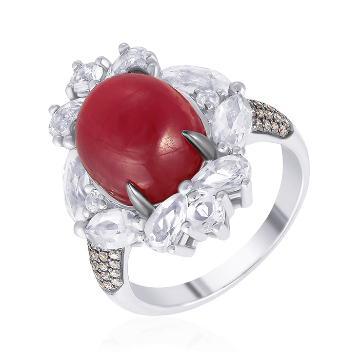 Кольцо с рубином, топазом, бриллиантами из белого золота 585 пробы, фото № 1