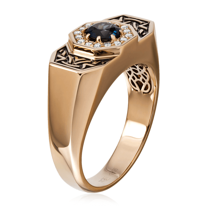 Мужское кольцо с сапфиром, бриллиантами из красного золота 585 пробы, фото № 3