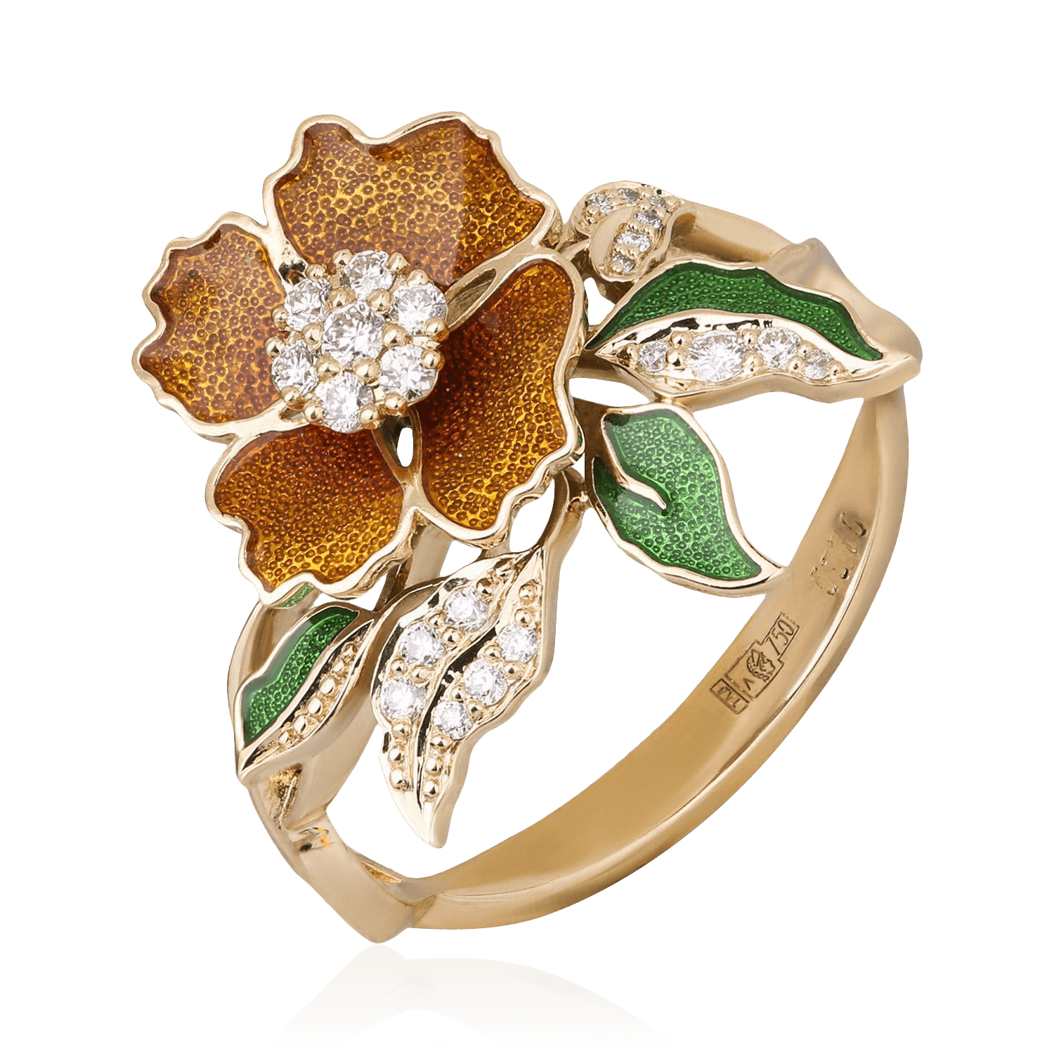 Кольцо цветок с бриллиантами из желтого золота 750 пробы, фото № 1