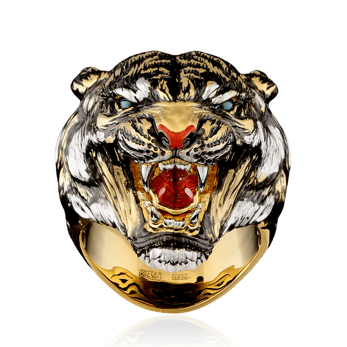 Мужское кольцо тигр с турмалином, эмалью из желтого золота 750 пробы, фото № 2