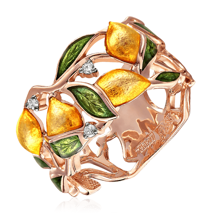 Кольцо лимоны из красного золота с бриллиантами и ароматными лимонами из горячей эмали (арт. 48865)
