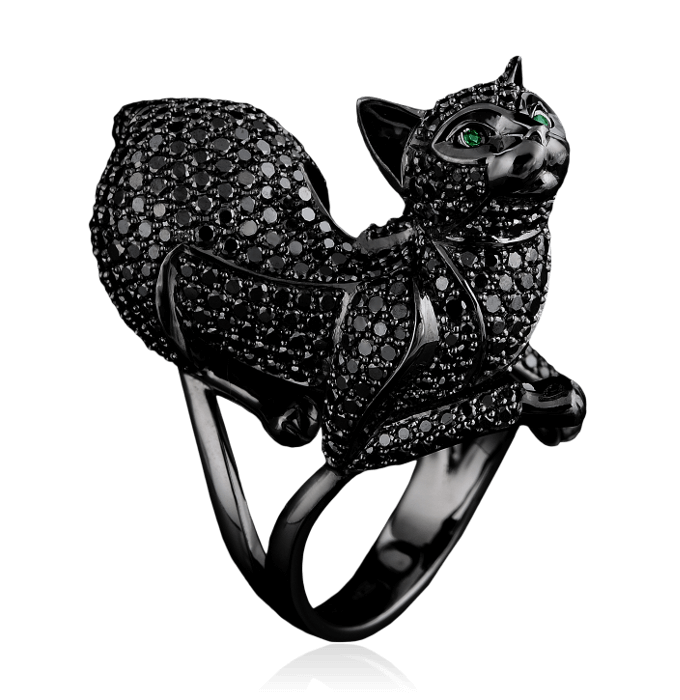 Кольцо Кошка с черными бриллиантами и тсаворитами в черненом золоте 750 (арт. 28100)