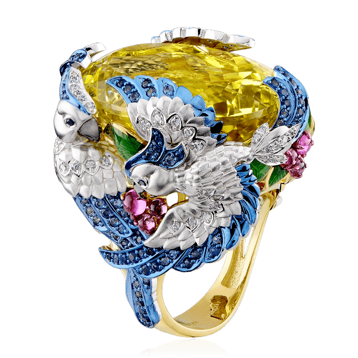 Кольцо Попугаи с цветными камнями, эмалью и бриллиантами в желтом и белом золоте 750 пробы, фото № 1