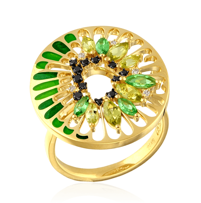 Кольцо Киви с цветными камнями и бриллиантами в желтом золоте 750 пробы, фото № 1