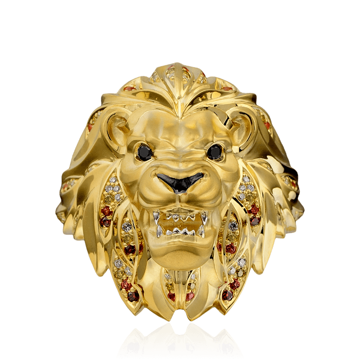 Мужское кольцо Лев с цветными сапфирами, бриллиантами в желтом золоте 750 пробы, фото № 3