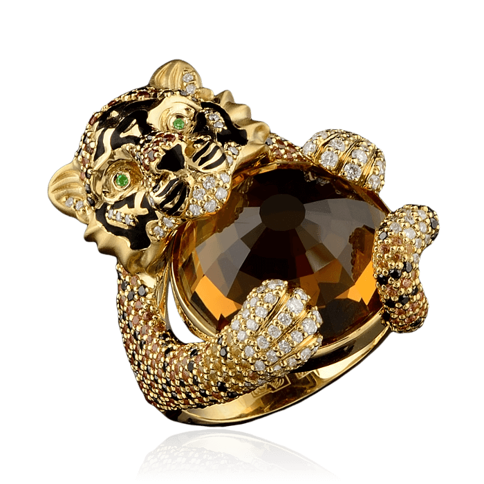 Кольцо Тигр с цветными камнями и бриллиантами в желтом золоте 750 пробы, фото № 2