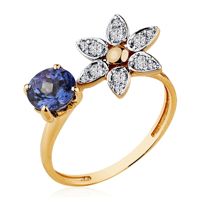 Кольцо в виде цветка с танзанитом, бриллиантами из красного золота 585 пробы, фото № 1