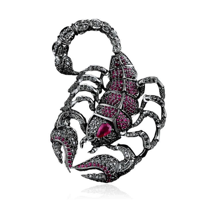 Кулон Скорпион с рубинами, черными бриллиантами в черненом золоте 585 пробы, фото № 1